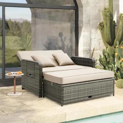 Hivvago Patio Wicker Loveseat Sofa with Multipurpose Ottoman and Retractable Side Tray