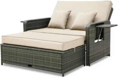 Hivvago Patio Wicker Loveseat Sofa with Multipurpose Ottoman and Retractable Side Tray