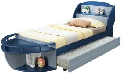 Boat Design Wooden Twin Bed with Bookcase Headboard, Blue-Benzara