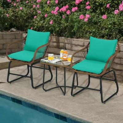 3 Pieces Patio Rattan Bistro Set with Cushions and Glass Table