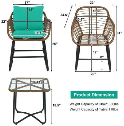 3 Pieces Patio Rattan Bistro Set with Cushions and Glass Table