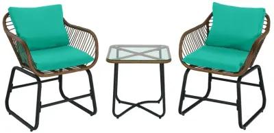 3 Pieces Patio Rattan Bistro Set with Cushions and Glass Table