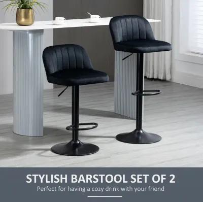 HOMCOM Adjustable Bar Stools Set of 2, Velvet Counter Height Barstool, Upholstered Kitchen Stool with Swivel Seat, Steel Frame, Footrest for Kitchen Counter and Dining Room, ‎Black