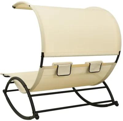 vidaXL Double Sun Lounger with Canopy - Cream Textilene Fabric - Steel Frame - Comfortable Outdoor Furniture with Pillows