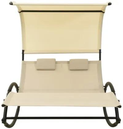 vidaXL Double Sun Lounger with Canopy - Cream Textilene Fabric - Steel Frame - Comfortable Outdoor Furniture with Pillows