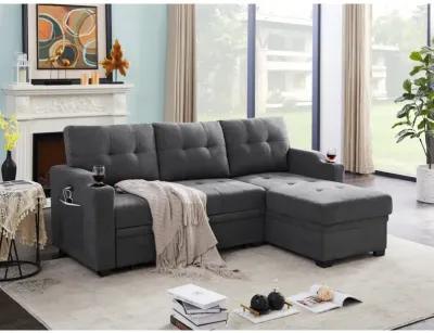 Mabel Dark Gray Woven Fabric Sleeper Sectional With Cup Holder, USB Charging Port And Pocket