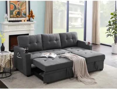 Mabel Dark Gray Woven Fabric Sleeper Sectional With Cup Holder, USB Charging Port And Pocket