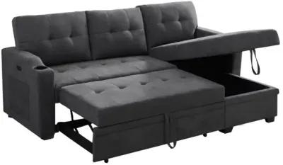 Mabel Dark Gray Woven Fabric Sleeper Sectional With Cup Holder, USB Charging Port And Pocket