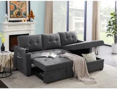 Mabel Dark Gray Woven Fabric Sleeper Sectional With Cup Holder, USB Charging Port And Pocket