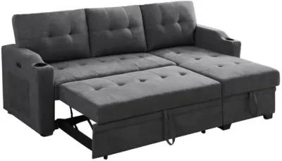 Mabel Dark Gray Woven Fabric Sleeper Sectional With Cup Holder, USB Charging Port And Pocket