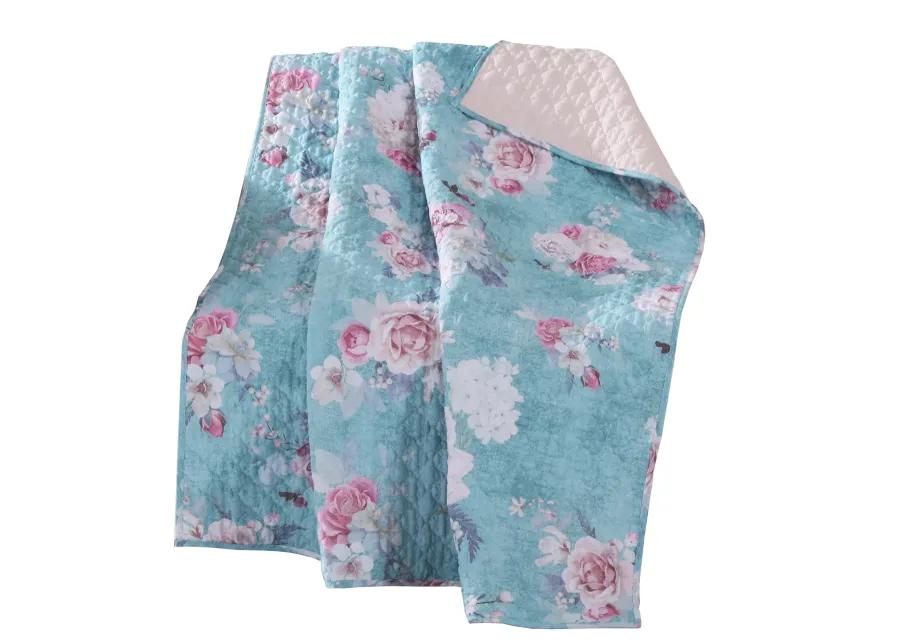 50 x 60 Inch Microfiber Throw Blanket, Floral Print, Blue, Pink, White - Benzara