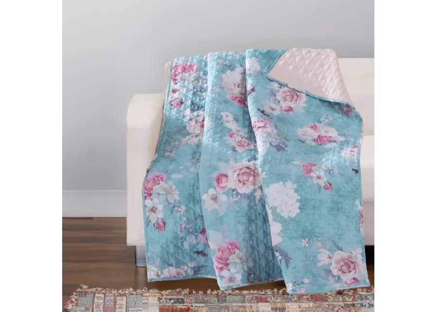 50 x 60 Inch Microfiber Throw Blanket, Floral Print, Blue, Pink, White - Benzara