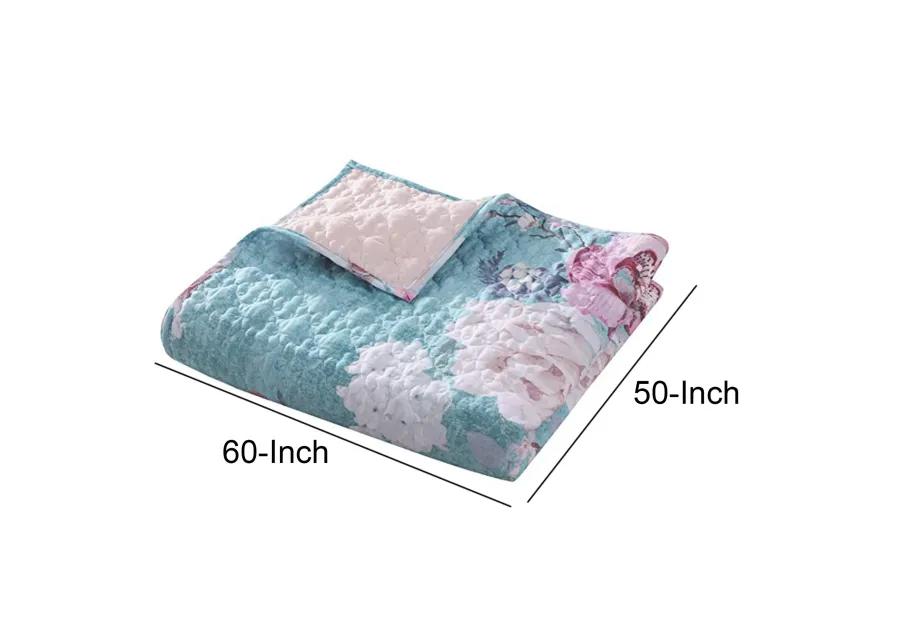 50 x 60 Inch Microfiber Throw Blanket, Floral Print, Blue, Pink, White - Benzara