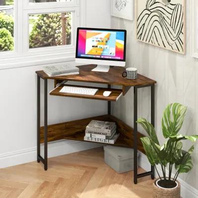 Triangle Corner Desk with Charging Station Keyboard Tray and Storage Shelf-Rustic Brown