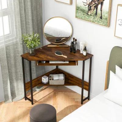 Triangle Corner Desk with Charging Station Keyboard Tray and Storage Shelf-Rustic Brown