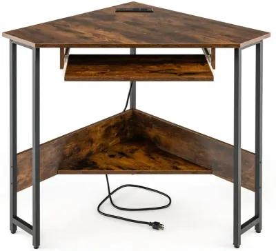 Triangle Corner Desk with Charging Station Keyboard Tray and Storage Shelf-Rustic Brown