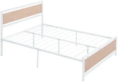 Full Size Platform Bed, Metal and Wood Bed Frame with Headboard and Footboard, White