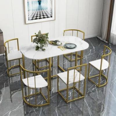 Modern 7-Piece Dining Table Set With Faux Marble Compact 5 5" Kitchen Table Set For 6, Gold