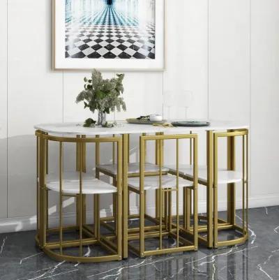 Modern 7-Piece Dining Table Set With Faux Marble Compact 5 5" Kitchen Table Set For 6, Gold