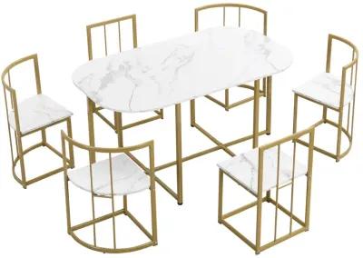 Modern 7-Piece Dining Table Set With Faux Marble Compact 5 5" Kitchen Table Set For 6, Gold