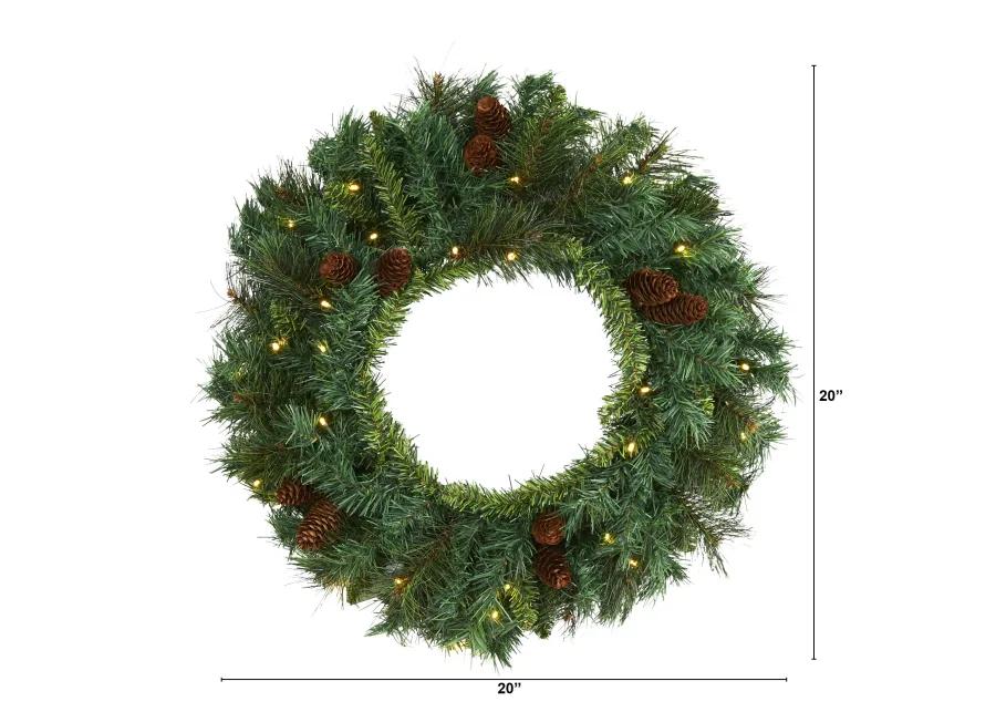 HomPlanti 20" Mixed Pine and Pinecone Artificial Christmas Wreath with 35 Clear LED Lights