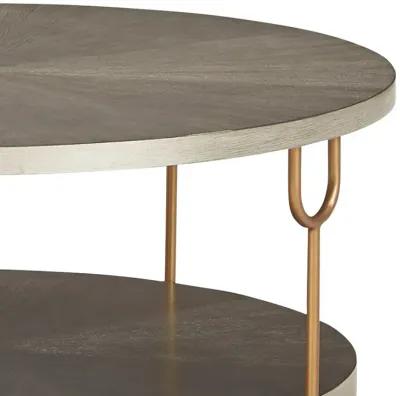 Modern 42 Inch Coffee Table, Ash Veneer, Metal Frame and Wheels, Gold, Gray-Benzara