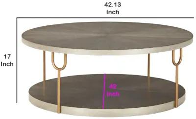 Modern 42 Inch Coffee Table, Ash Veneer, Metal Frame and Wheels, Gold, Gray-Benzara