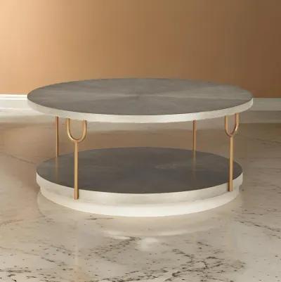 Modern 42 Inch Coffee Table, Ash Veneer, Metal Frame and Wheels, Gold, Gray-Benzara