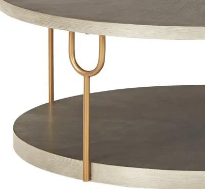 Modern 42 Inch Coffee Table, Ash Veneer, Metal Frame and Wheels, Gold, Gray-Benzara