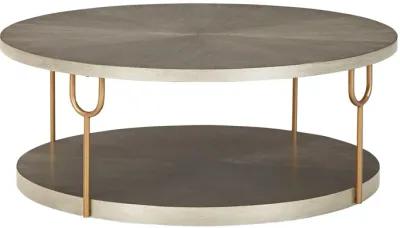 Modern 42 Inch Coffee Table, Ash Veneer, Metal Frame and Wheels, Gold, Gray-Benzara