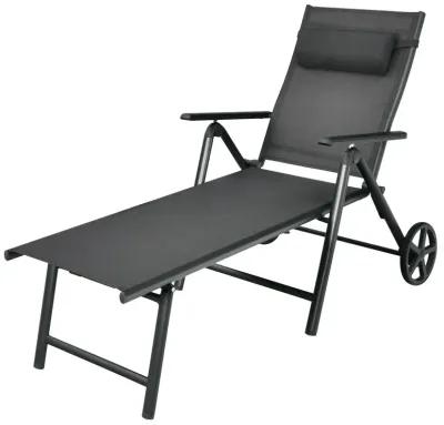 Patio Lounge Chair with Wheels Neck Pillow Aluminum Frame Adjustable-Gray