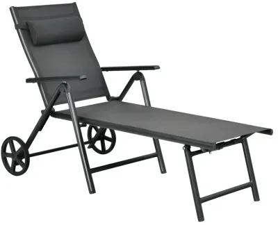 Patio Lounge Chair with Wheels Neck Pillow Aluminum Frame Adjustable-Gray