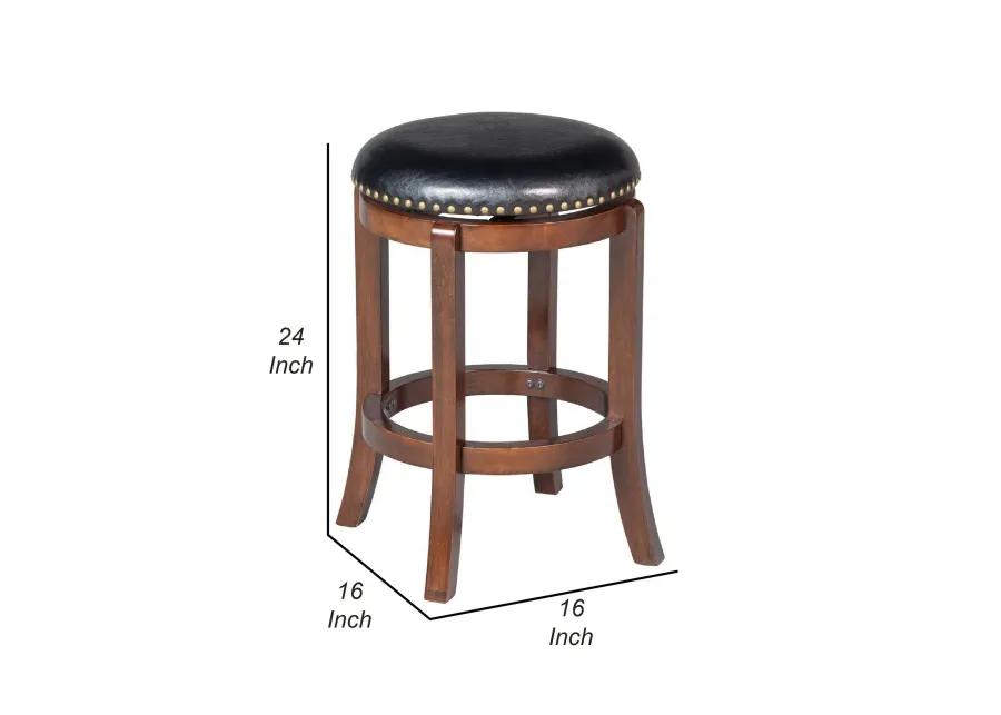 Ovi 24 Inch Wooden Swivel Counter Stool, Faux Leather Seat, Walnut Brown - Benzara