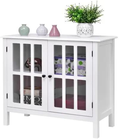 Hivvago White Wood Sideboard Buffet Cabinet with Glass Panel Doors