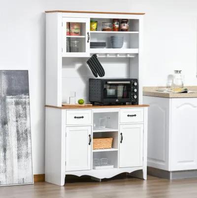 White Kitchen Hutch: 71" Farmhouse Style Buffet with Drawers and Cabinets