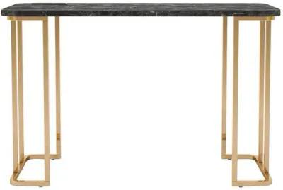 Jenny 47 Inch Desk, USB Power Outlet, Gold Metal Legs, Black Faux Marble - Benzara