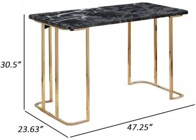 Jenny 47 Inch Desk, USB Power Outlet, Gold Metal Legs, Black Faux Marble - Benzara