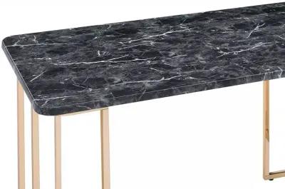 Jenny 47 Inch Desk, USB Power Outlet, Gold Metal Legs, Black Faux Marble - Benzara