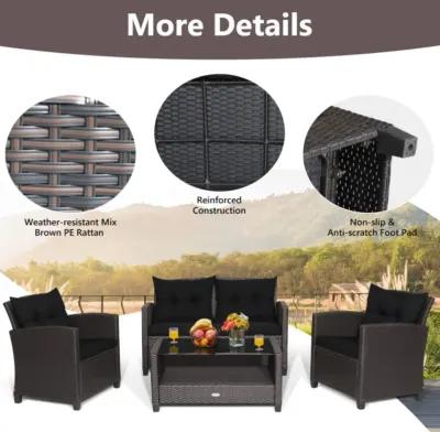 Hivvago 4 Pieces Patio Rattan Furniture Set with Tempered Glass Coffee Table