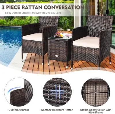 3 Pieces Ergonomic Wicker Patio Conversation Set-Beige