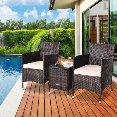 3 Pieces Ergonomic Wicker Patio Conversation Set-Beige