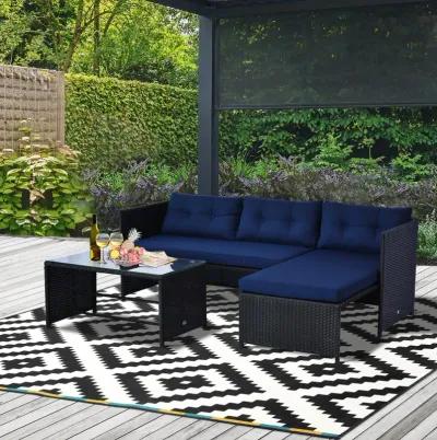 Blue Poolside Paradise: 3PC Rattan Sectional Lounge Set