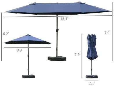 Dark Blue Sun Shield: 15' Rectangular Double-Sided Patio Umbrella