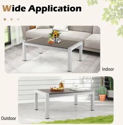 Modern Rectangular Patio Coffee Table with Plastic Wood Tabletop and Rustproof Aluminum Frame-Gray