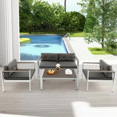 Modern Rectangular Patio Coffee Table with Plastic Wood Tabletop and Rustproof Aluminum Frame-Gray