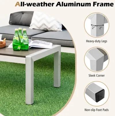 Modern Rectangular Patio Coffee Table with Plastic Wood Tabletop and Rustproof Aluminum Frame-Gray