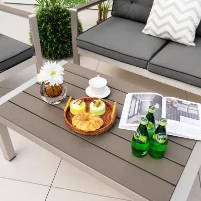 Modern Rectangular Patio Coffee Table with Plastic Wood Tabletop and Rustproof Aluminum Frame-Gray