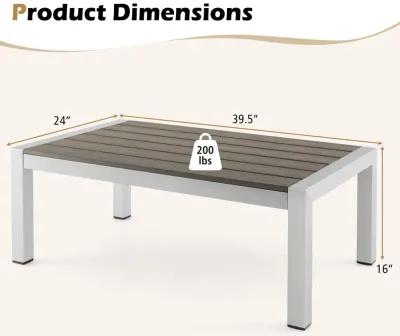 Modern Rectangular Patio Coffee Table with Plastic Wood Tabletop and Rustproof Aluminum Frame-Gray