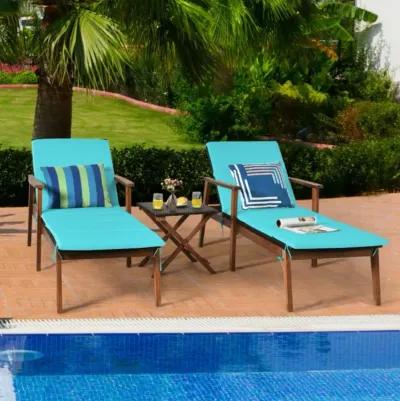 Hivvago 3 Pieces Portable Patio Cushioned Rattan Lounge Chair Set with Folding Table