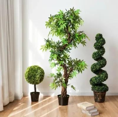 Hivvago 2 Pieces 4 Feet Artificial DÃ©cor Green Boxwood Spiral Tree Set